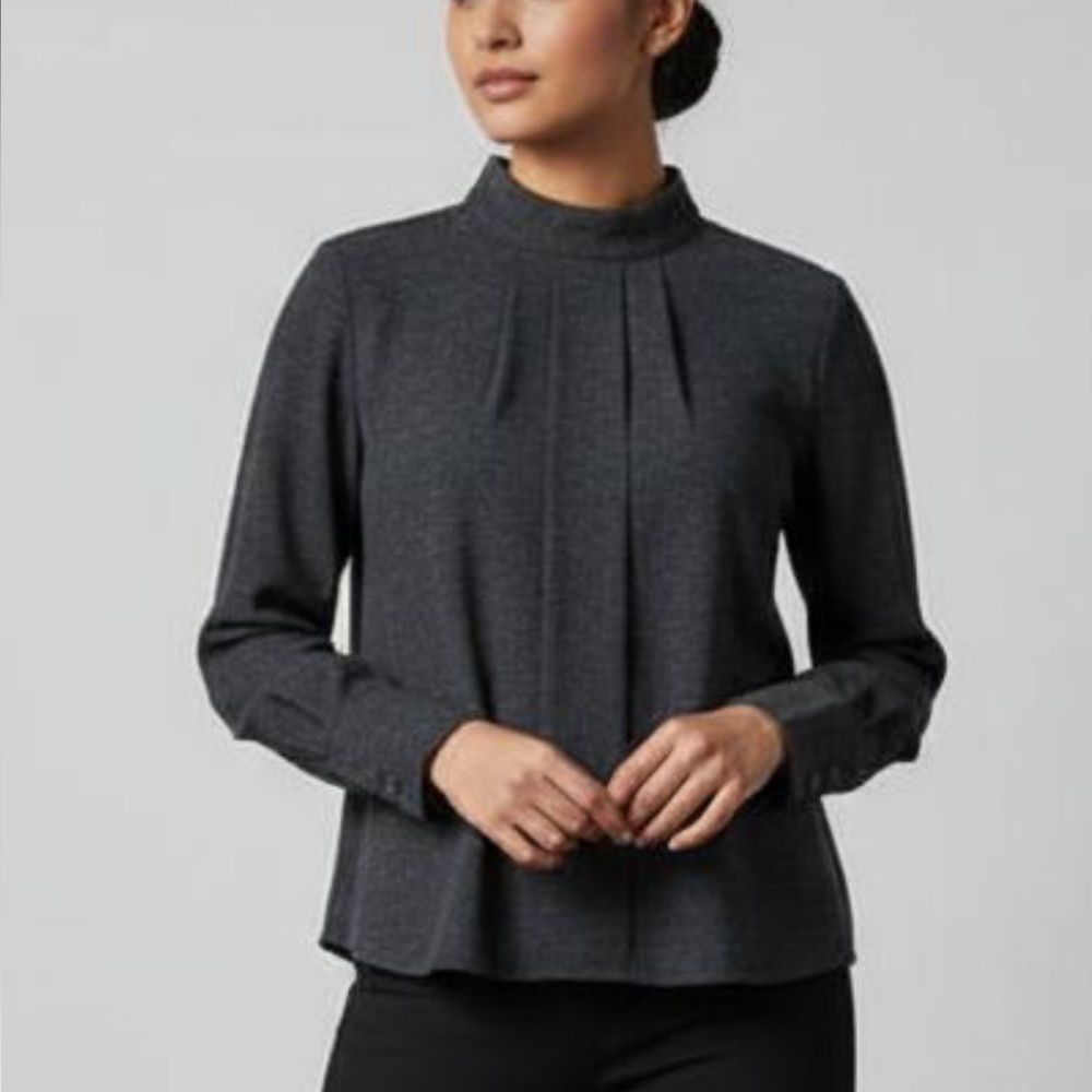 MANGO Suit Collection Black Textured Contemporary Long Sleeve Mock Neck Blouse